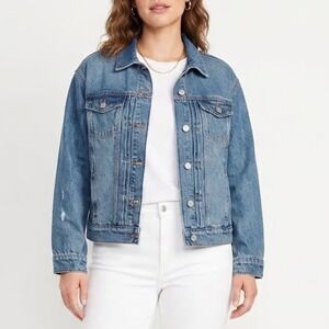 Old Navy Womens Denim Trucker Jacket Medium Wash Blue Cotton L Petite